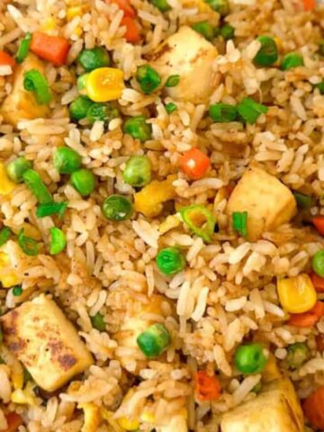 A flavorful tofu fried rice on a plate.