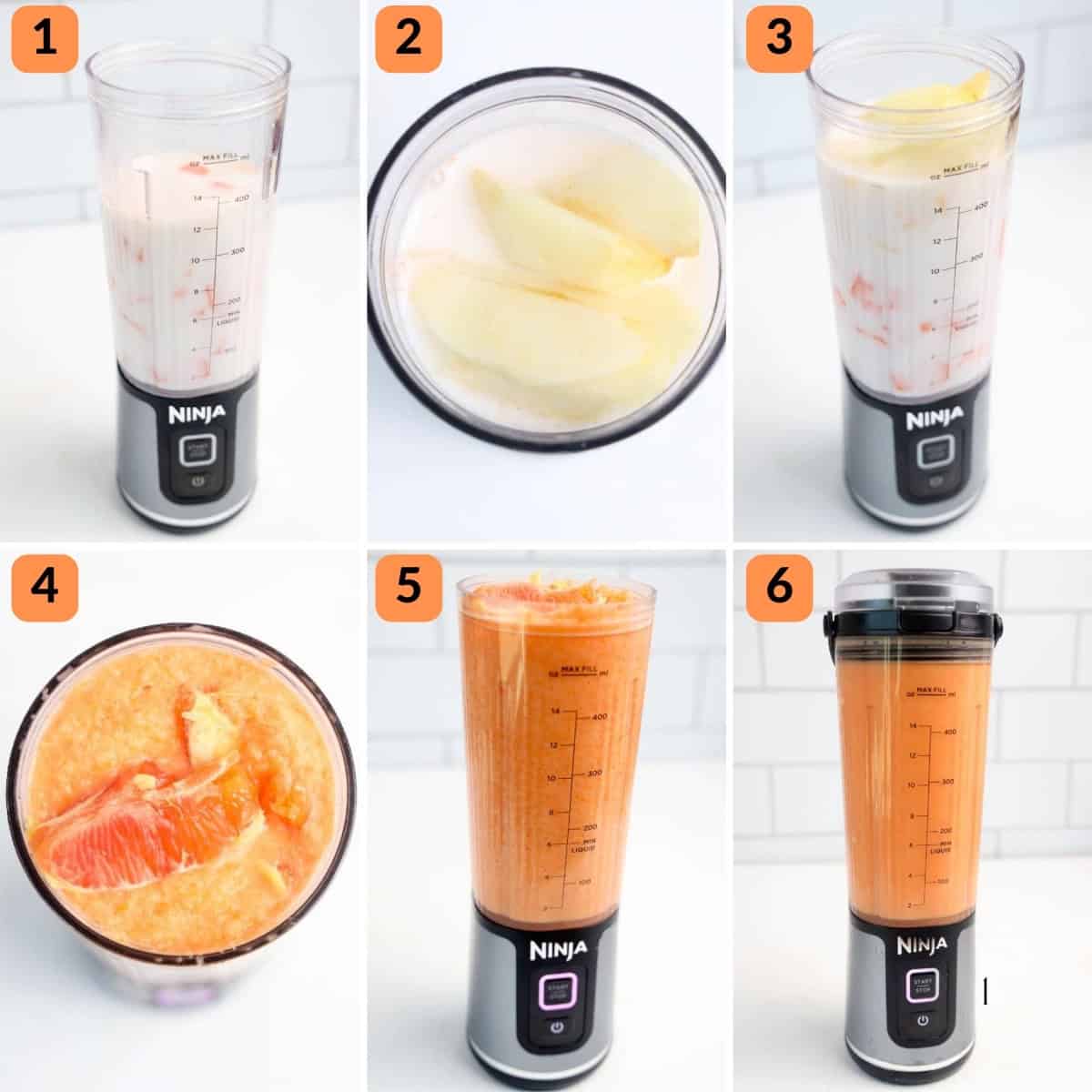 Step by step process of making a carrot smoothie in a blender.
