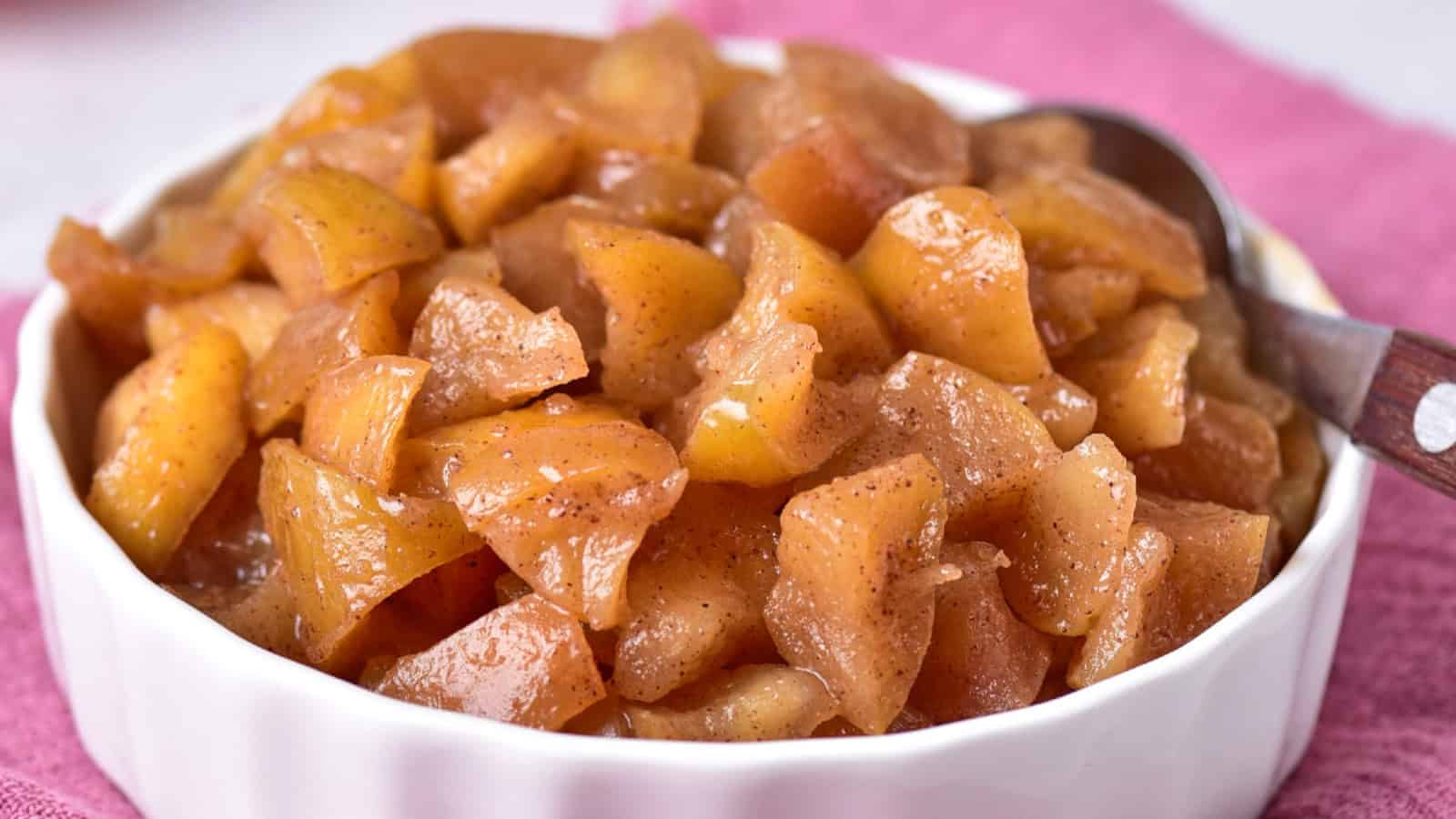 Tender apple slices caramelized in golden sugar.