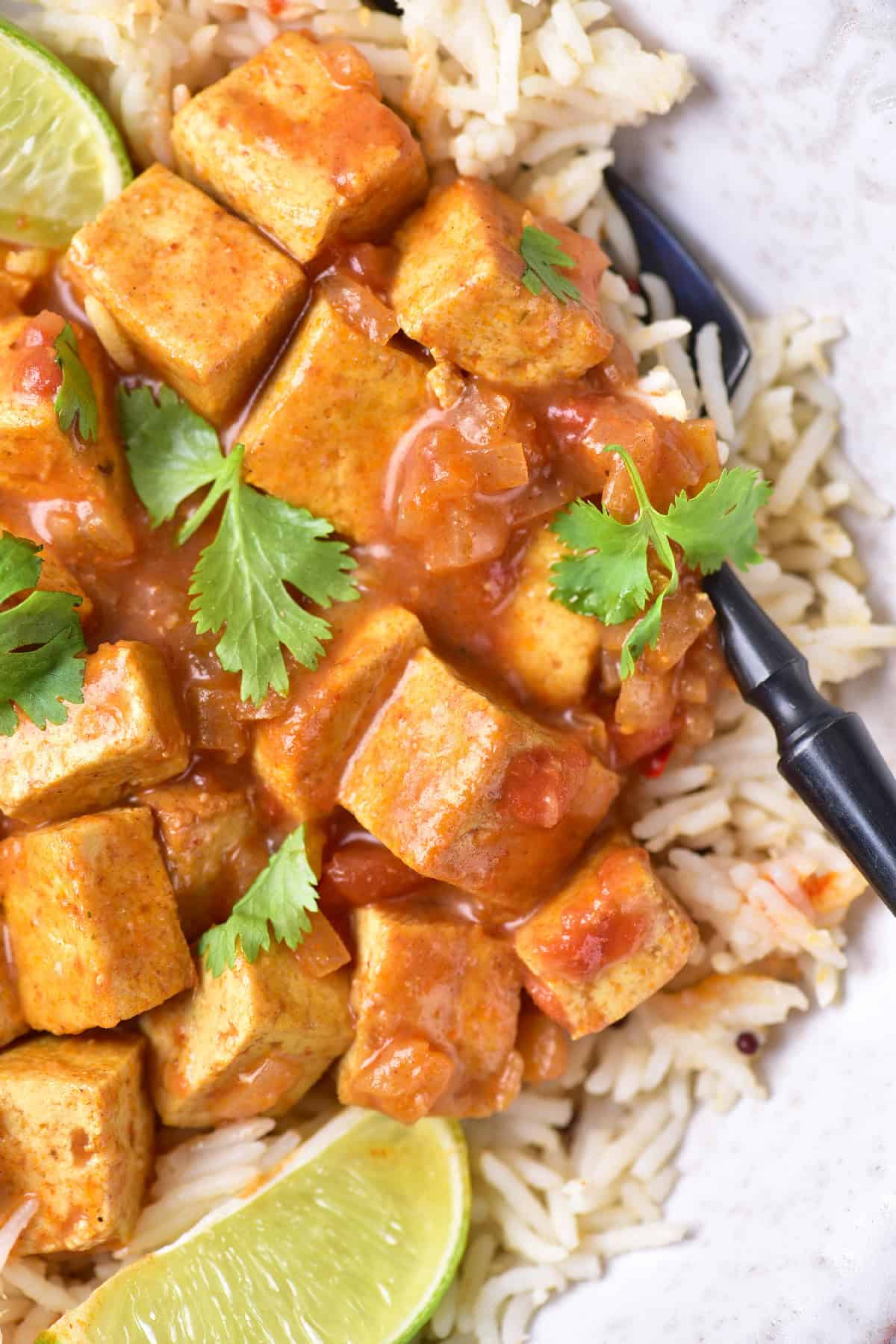 Tofu cubes coated in curry sauce with visible onions, served over fluffy rice and fresh herbs.