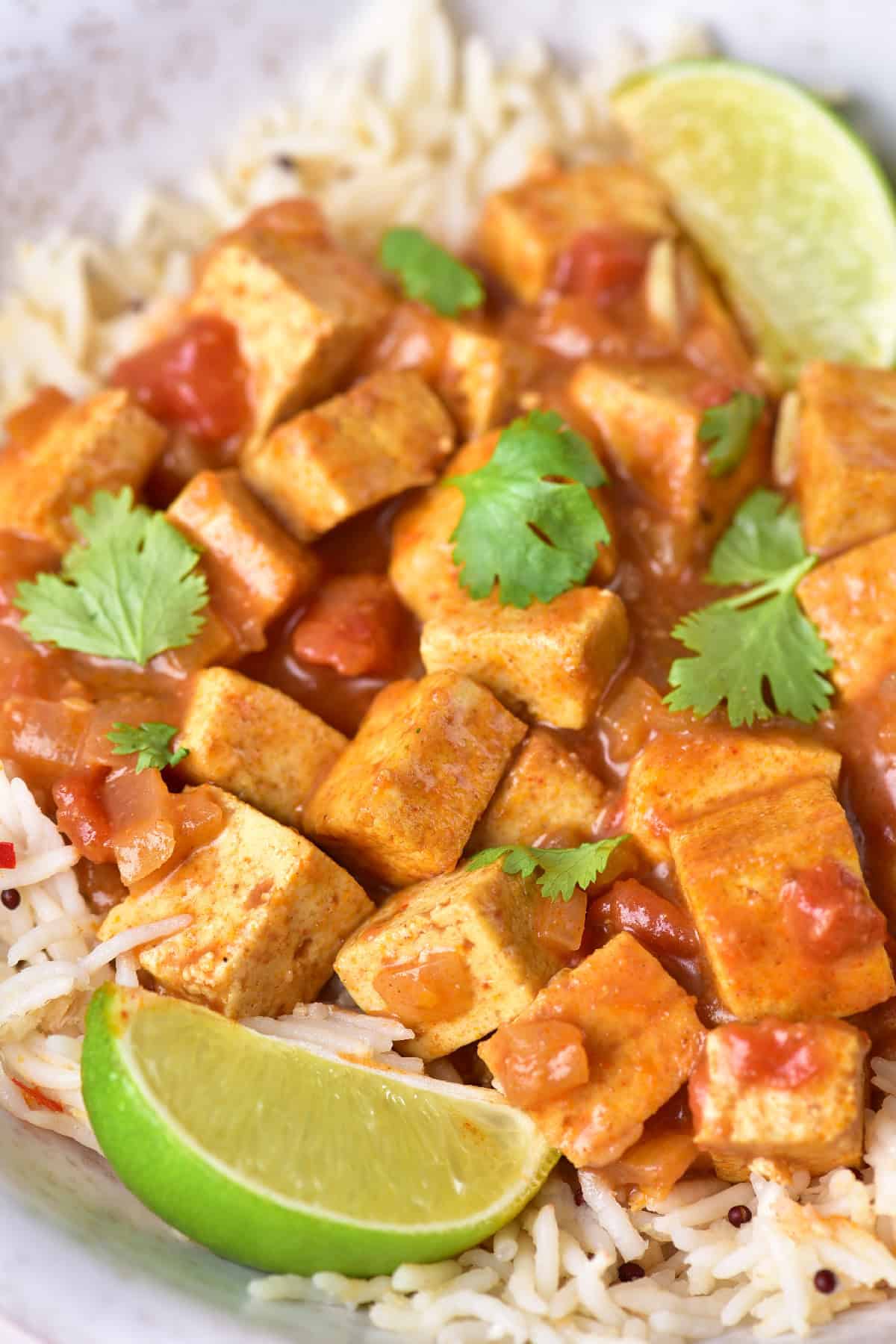 Zoomed-in image of yellow tofu curry showing saucy tofu pieces, basmati rice, and a juicy lime wedge for garnish.
