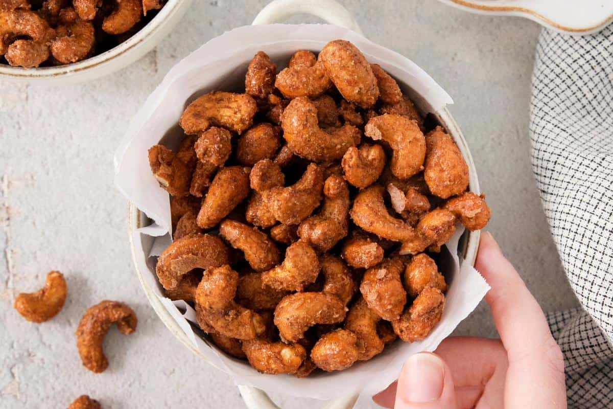 Sweet candied cashews with a glossy coating.
