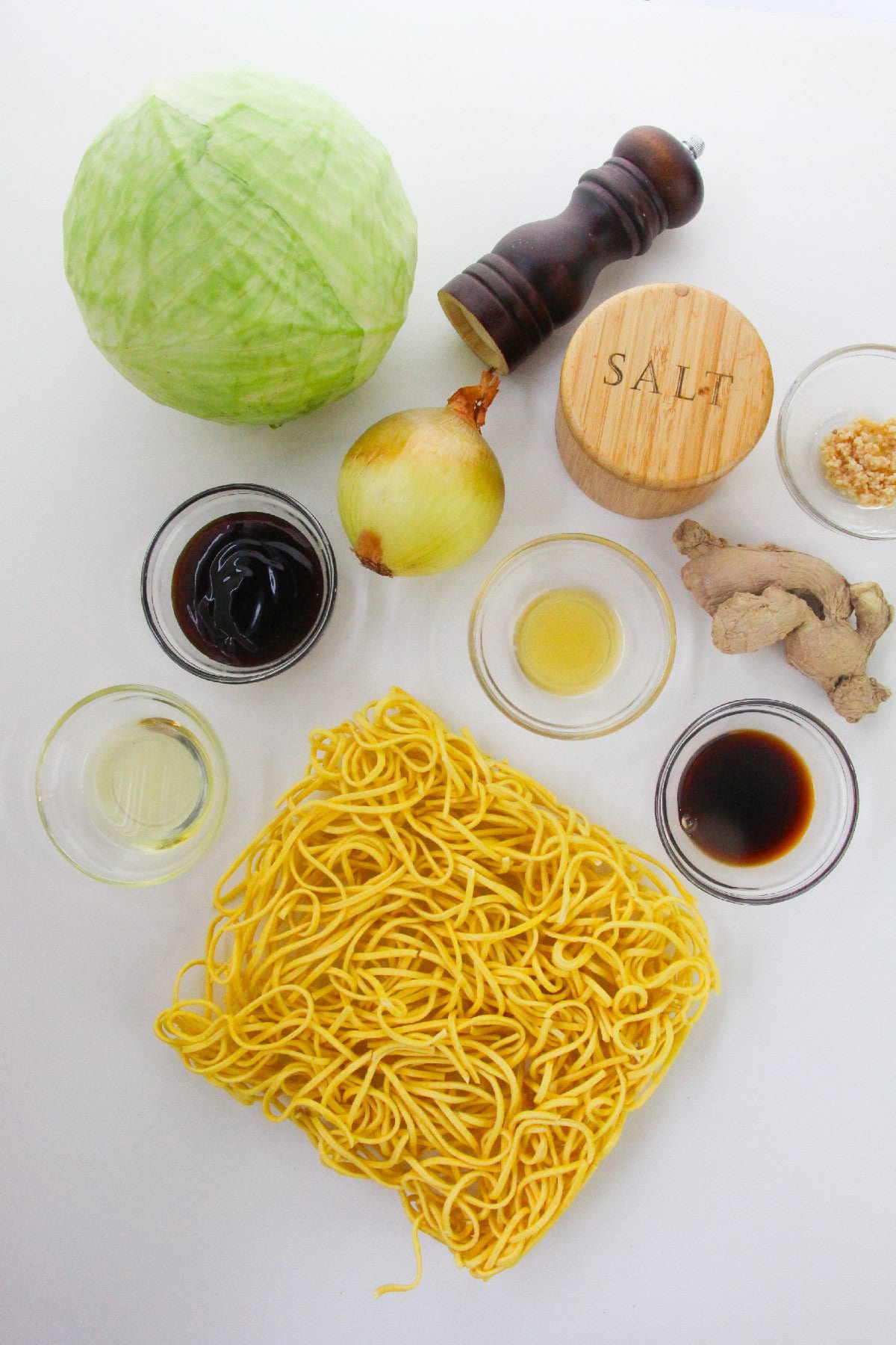 Cabbage chow mein ingredients.