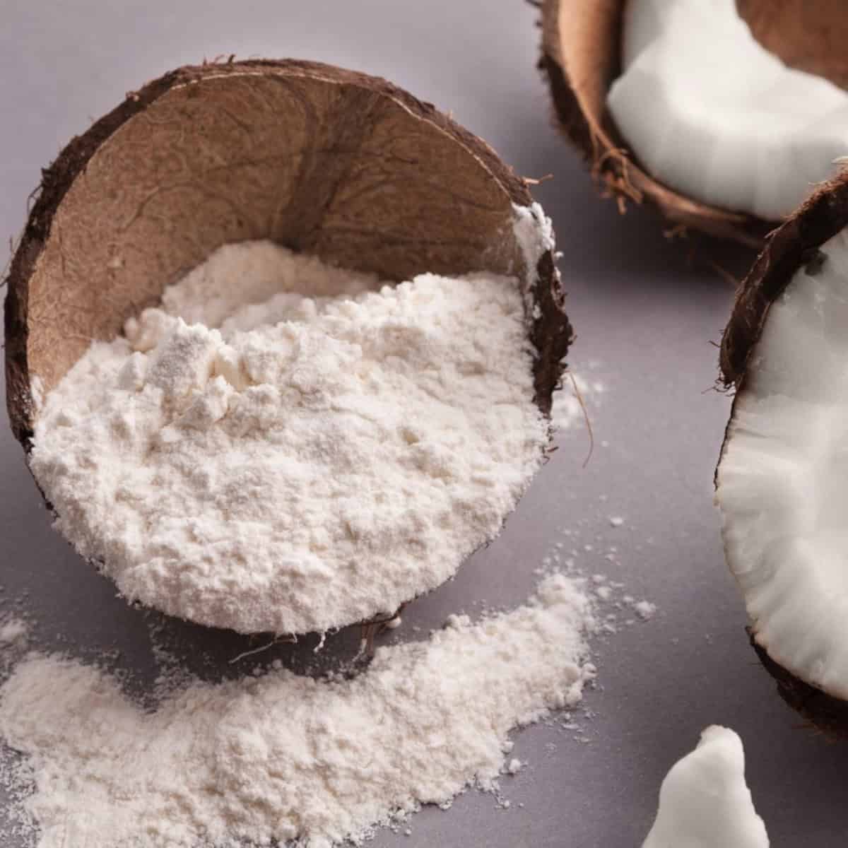 Coconut flour in a halved coconut shell with fresh coconut pieces close by.