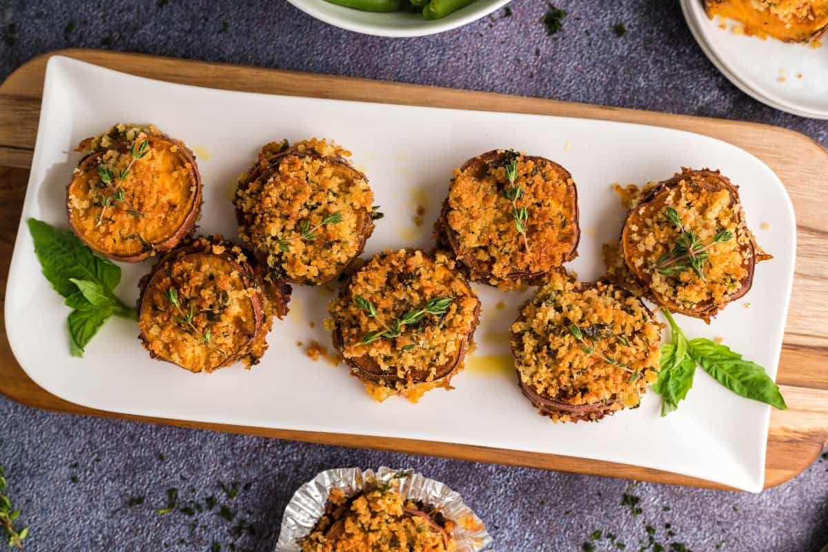 Air fryer sweet potato casserole stacks with crispy layers.