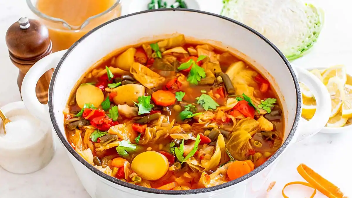 Hearty cabbage and vegetable soup.
