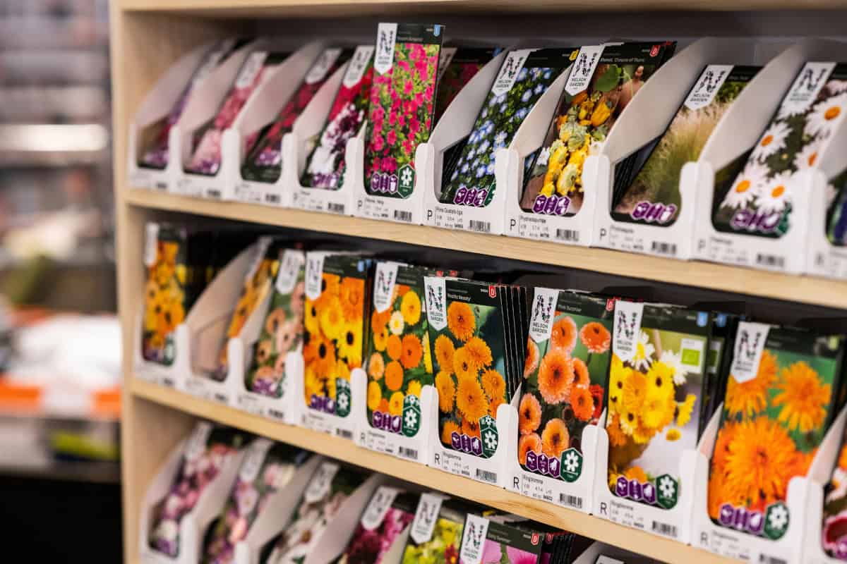 Rows of colorful organic seed packets displayed on a store shelf ready for gardeners to choose.