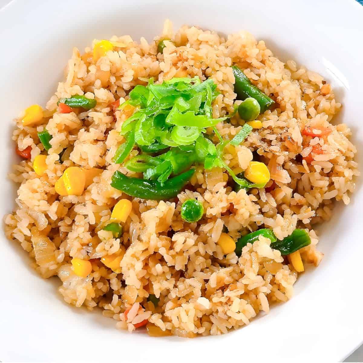 Frozen vegetable fried rice in a white bowl topped with sliced green onions.