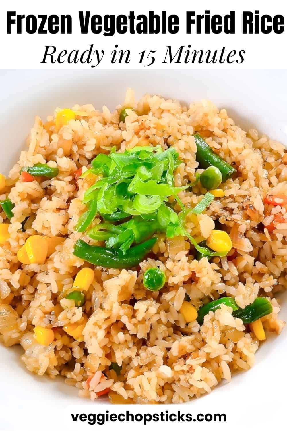 Frozen vegetable fried rice in a bowl topped with sliced green onions.