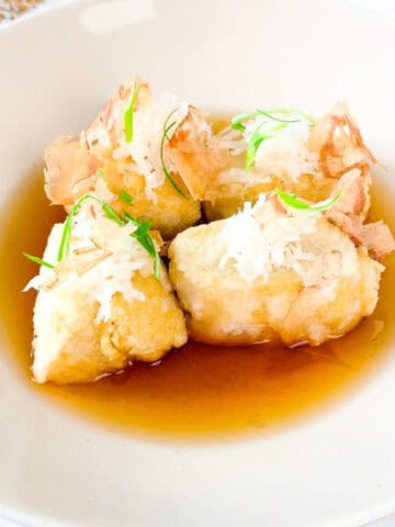 Agedashi tofu in dashi sauce with grated daikon and bonito flakes.