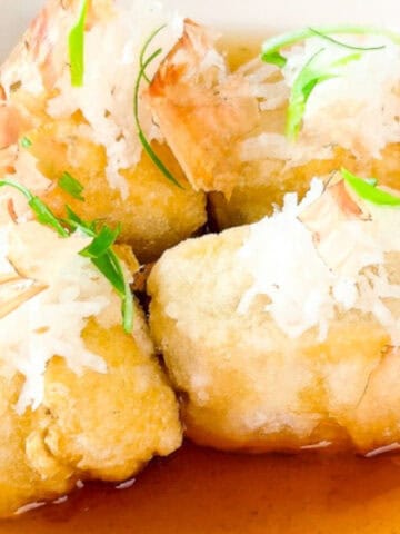 Japanese agedashi tofu in dashi broth, topped with grated daikon, green onions, and bonito flakes.