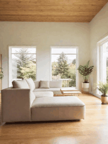 Bright minimalist living space featuring a neutral sectional, wood floors, large windows, and indoor plants with green views.