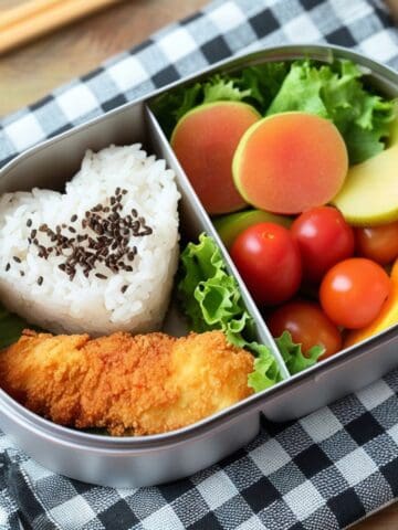 A neatly arranged bento lunch box featuring rice sprinkled with seeds, a breaded cutlet, and an assortment of fresh fruits and vegetables.