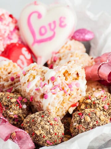 Assorted homemade treats in a gift box.