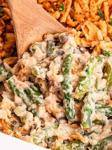 Green bean casserole with creamy sauce and crispy topping.