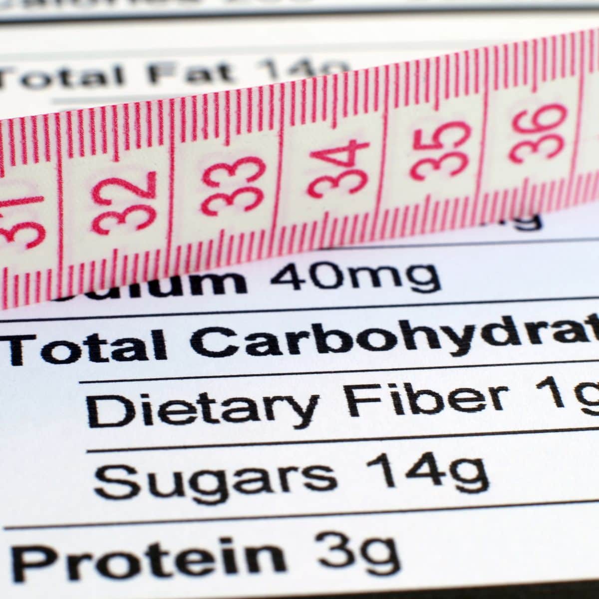 Measuring tape laid across a nutrition label highlighting total carbohydrates, fiber, sugars, and protein.