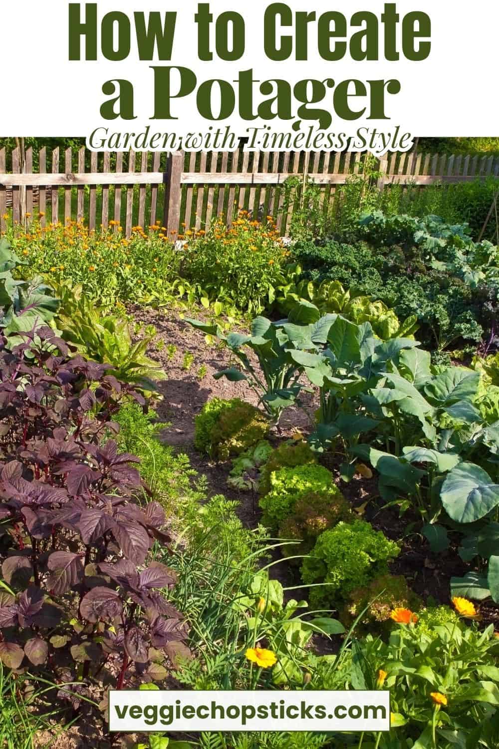 A thriving potager garden with orderly rows of leafy greens, cabbages, herbs, and edible flowers along a wooden fence.