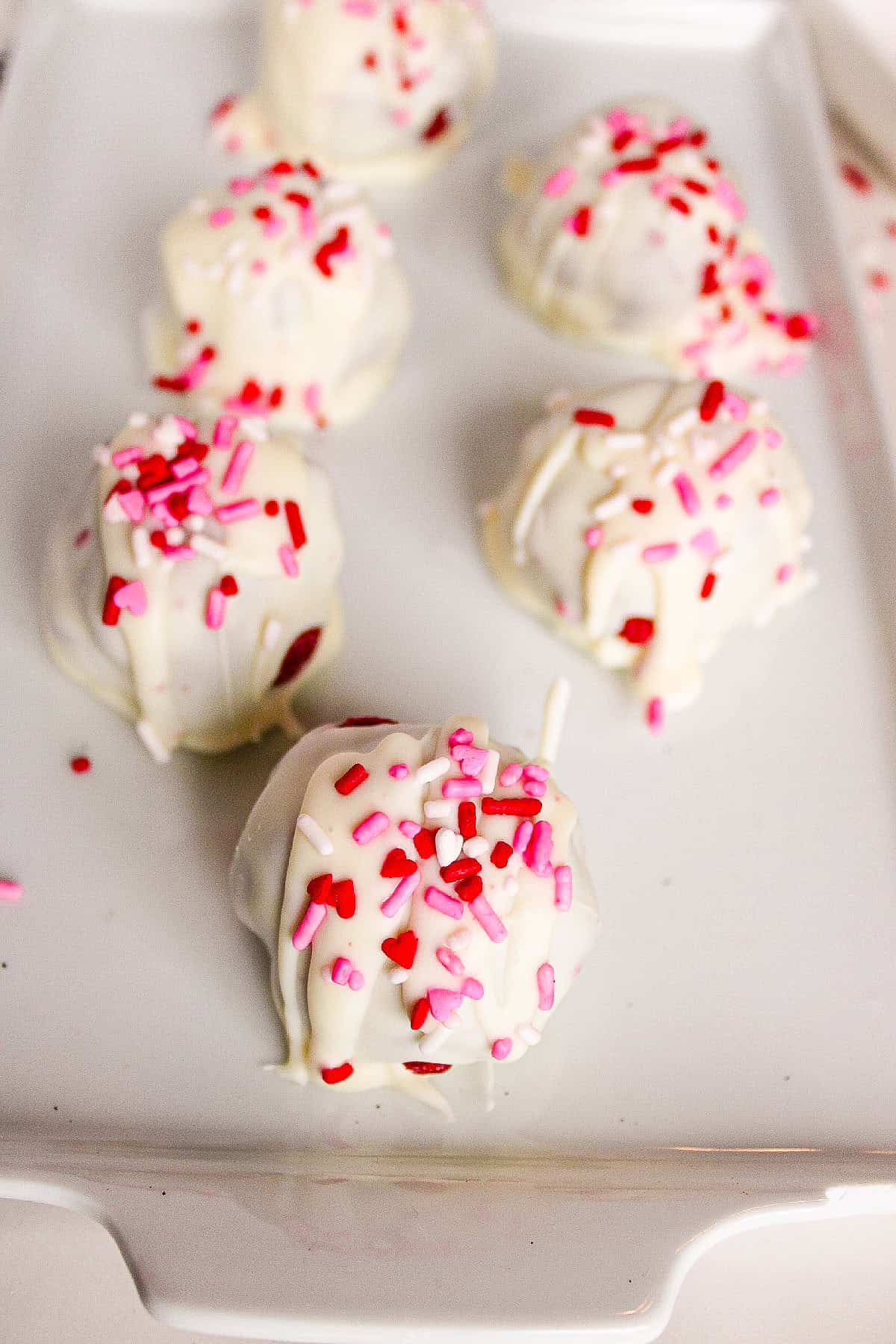 Finished red velvet truffles ready to serve for Valentine’s Day or special occasions.