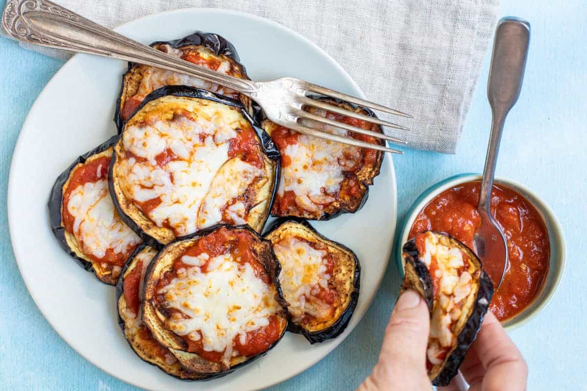 Breaded eggplant slices baked with cheese.