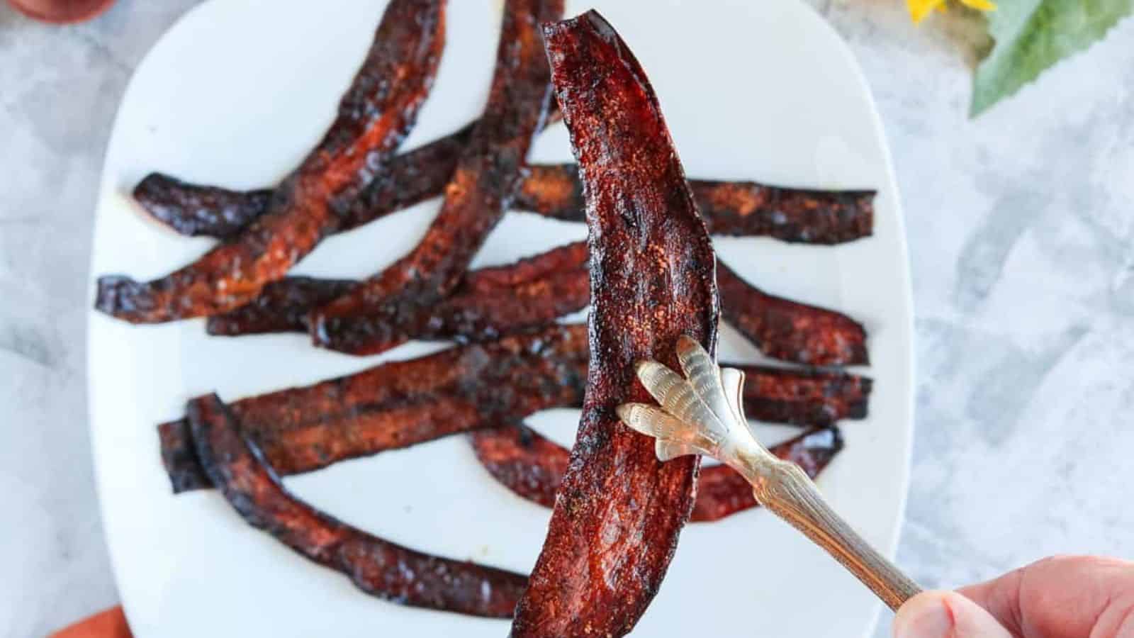 Banana peel bacon strips cooked until browned with crisp edges and smoky seasoning.