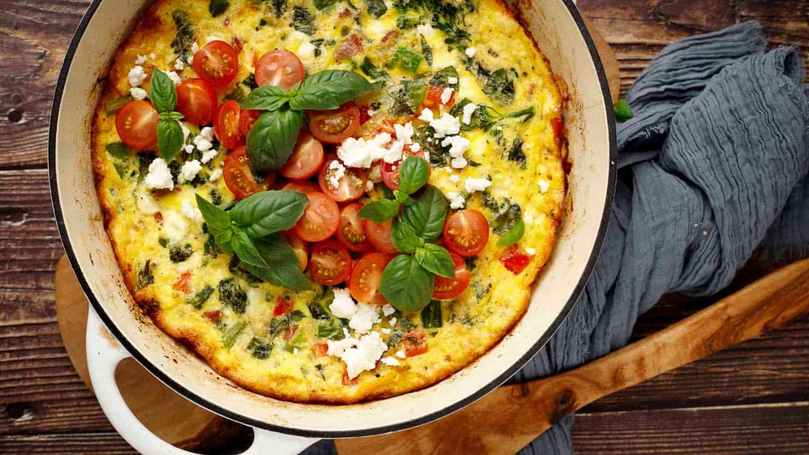 Broccolini frittata baked with turkey bacon, feta, and fluffy eggs.