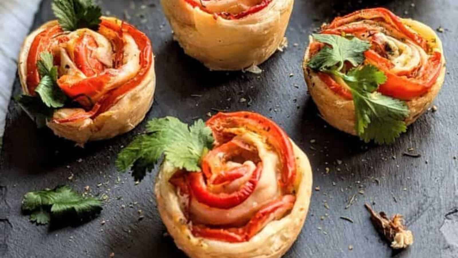 Puff pastry tomato roses rolled into flower shapes with flaky layers and savory filling.