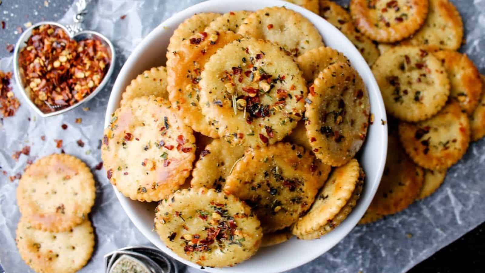 Seasoned crackers coated with spicy seasoning and baked until crisp.