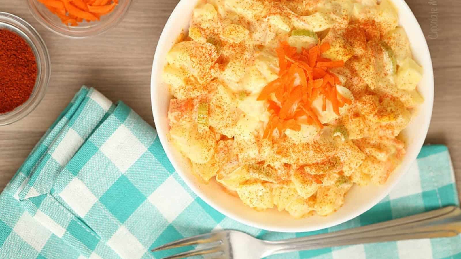 Amish-style potato salad with creamy sweet dressing and potatoes.