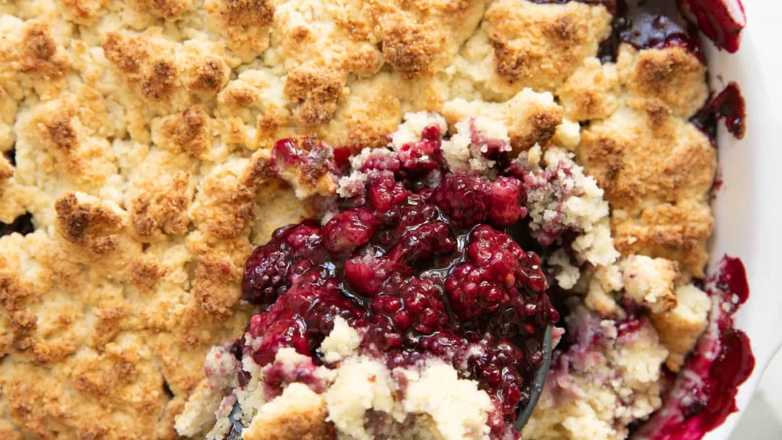 Blackberry cobbler baked with juicy berries and golden topping.