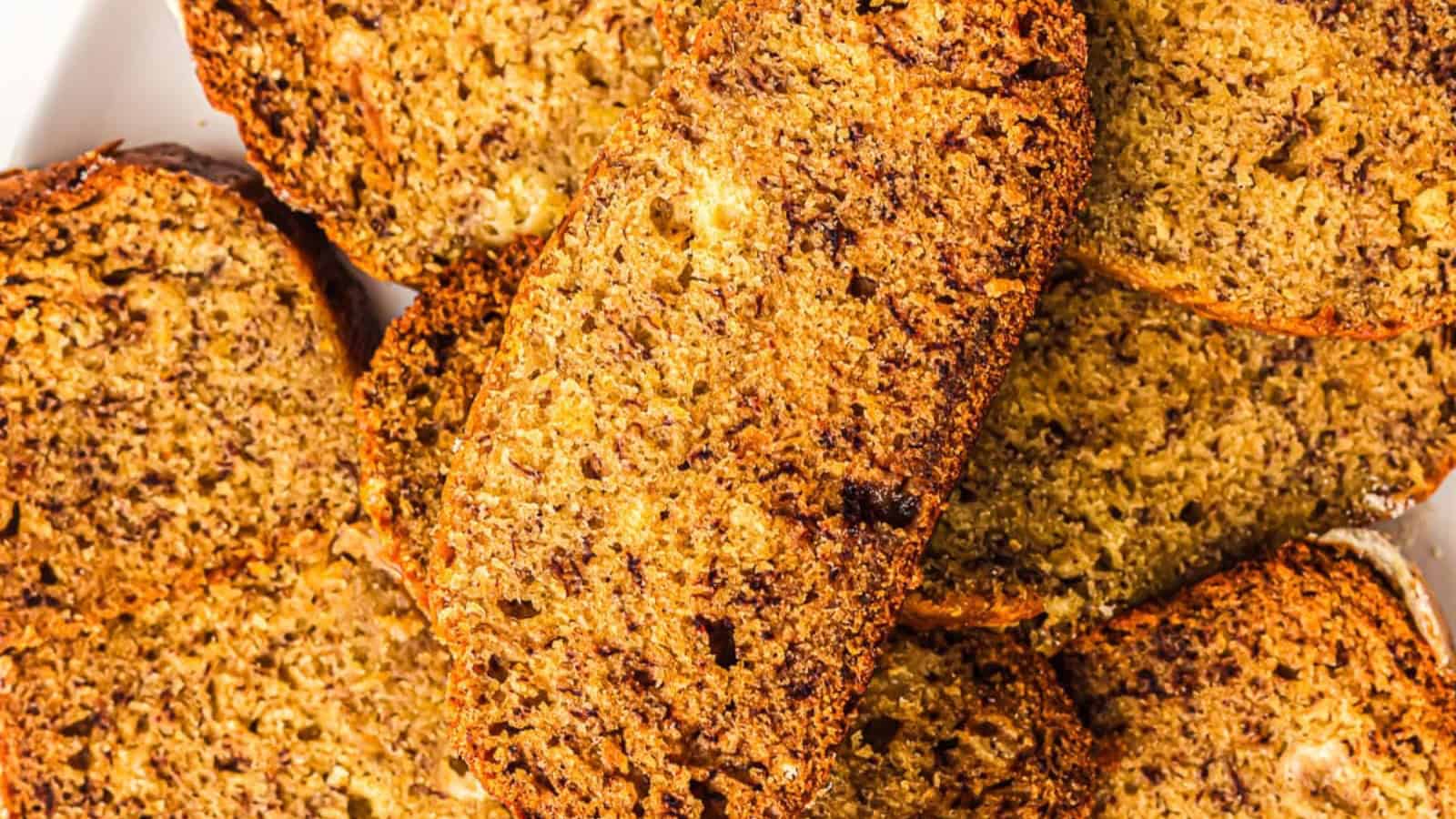 Banana bread baked moist with a soft crumb and sweet banana flavor.