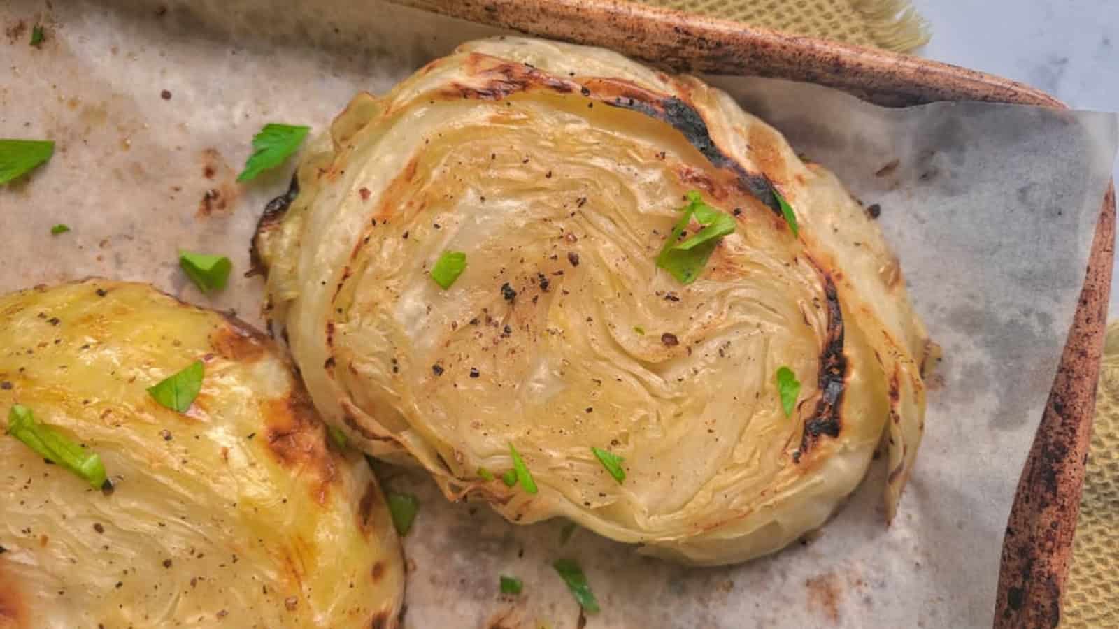 Thick cabbage slices roasted or grilled until tender and browned.