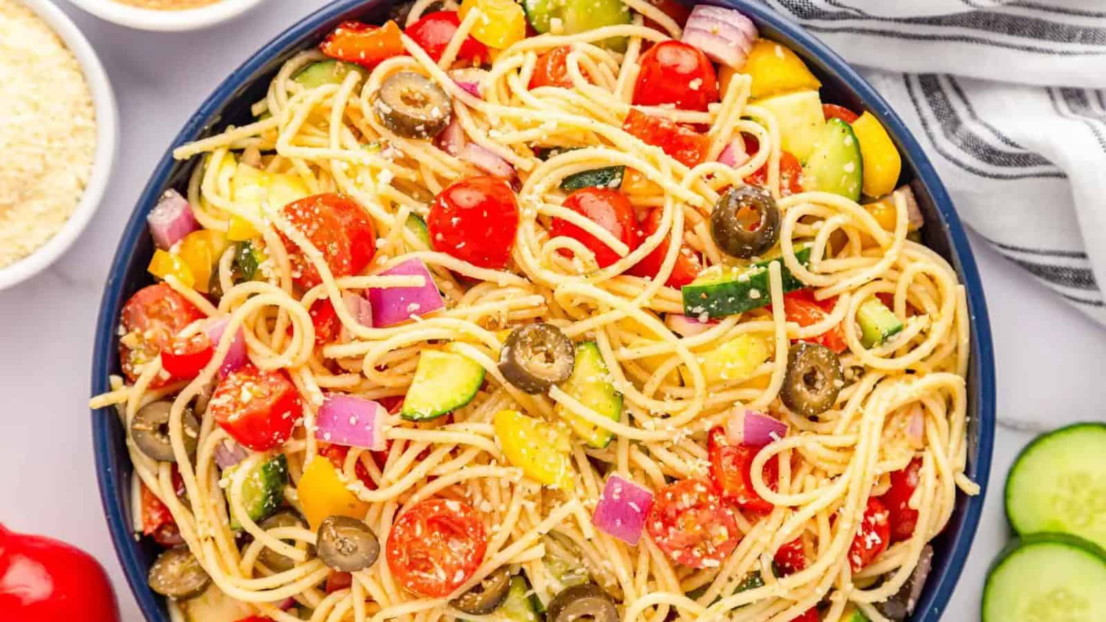Spaghetti salad tossed with vegetables and light Italian dressing.