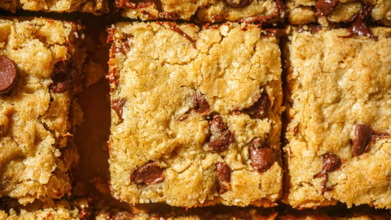 Cookie bars baked with oats and chocolate chips in a chewy texture.