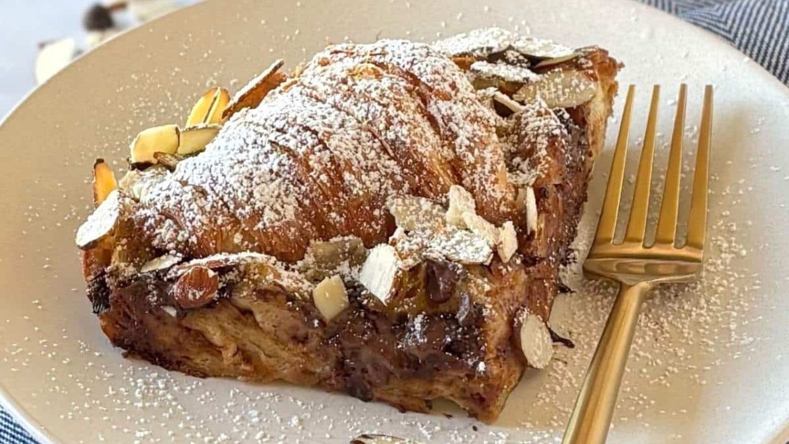 Breakfast bake layered with chocolate croissants and creamy filling.