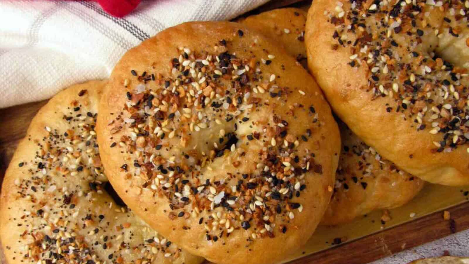 Vegan bagels boiled and baked until golden with a chewy texture.