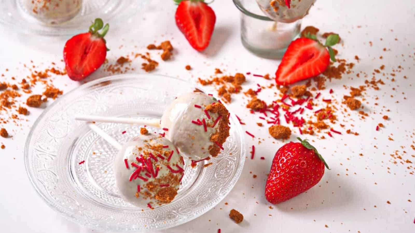 Cake pops coated and decorated with strawberry shortcake crumbs.