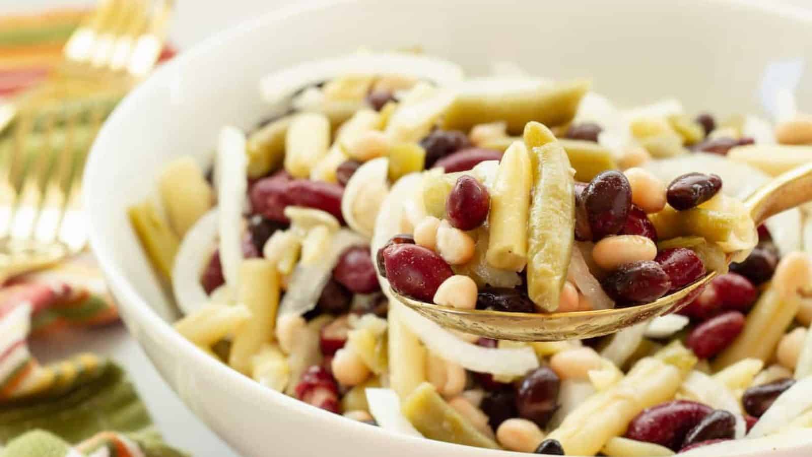 Five bean salad tossed with colorful beans and sweet vinaigrette dressing.