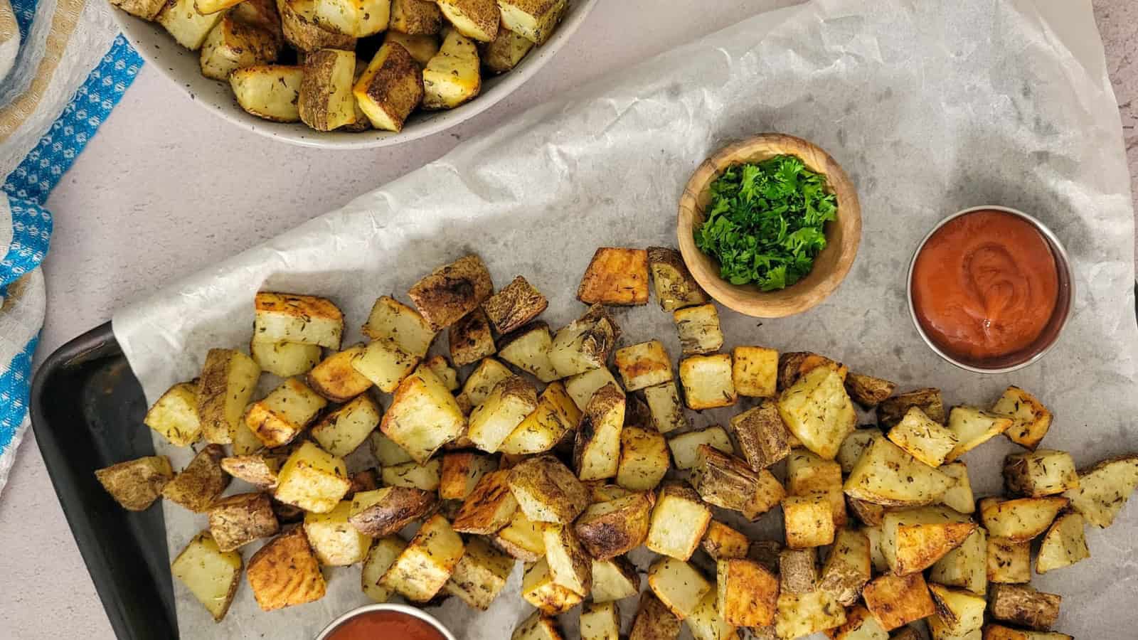 Home fries baked crispy with golden potato cubes and seasoning.