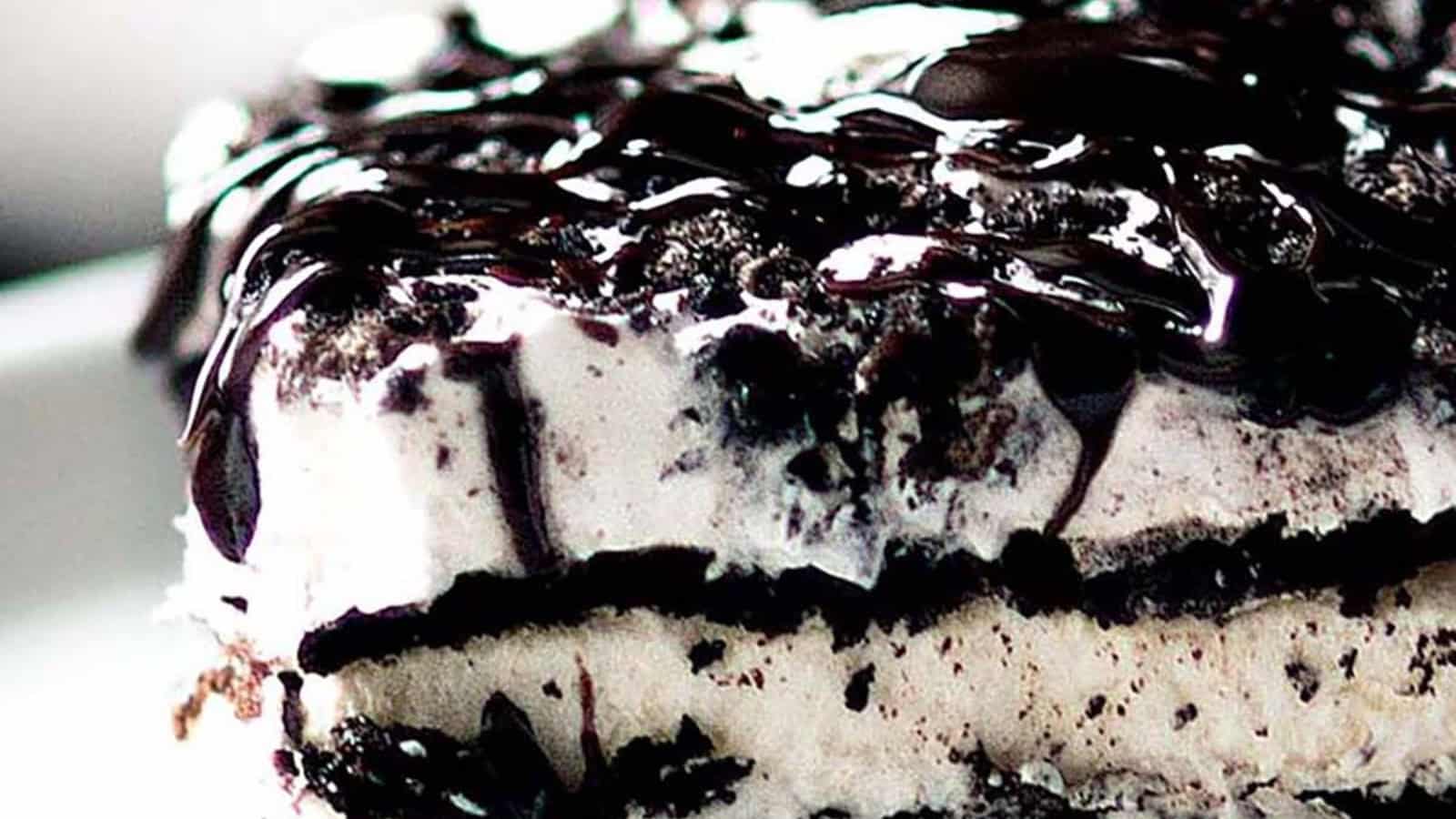 Ice cream cake layered with Oreo cookies and ice cream sandwiches.