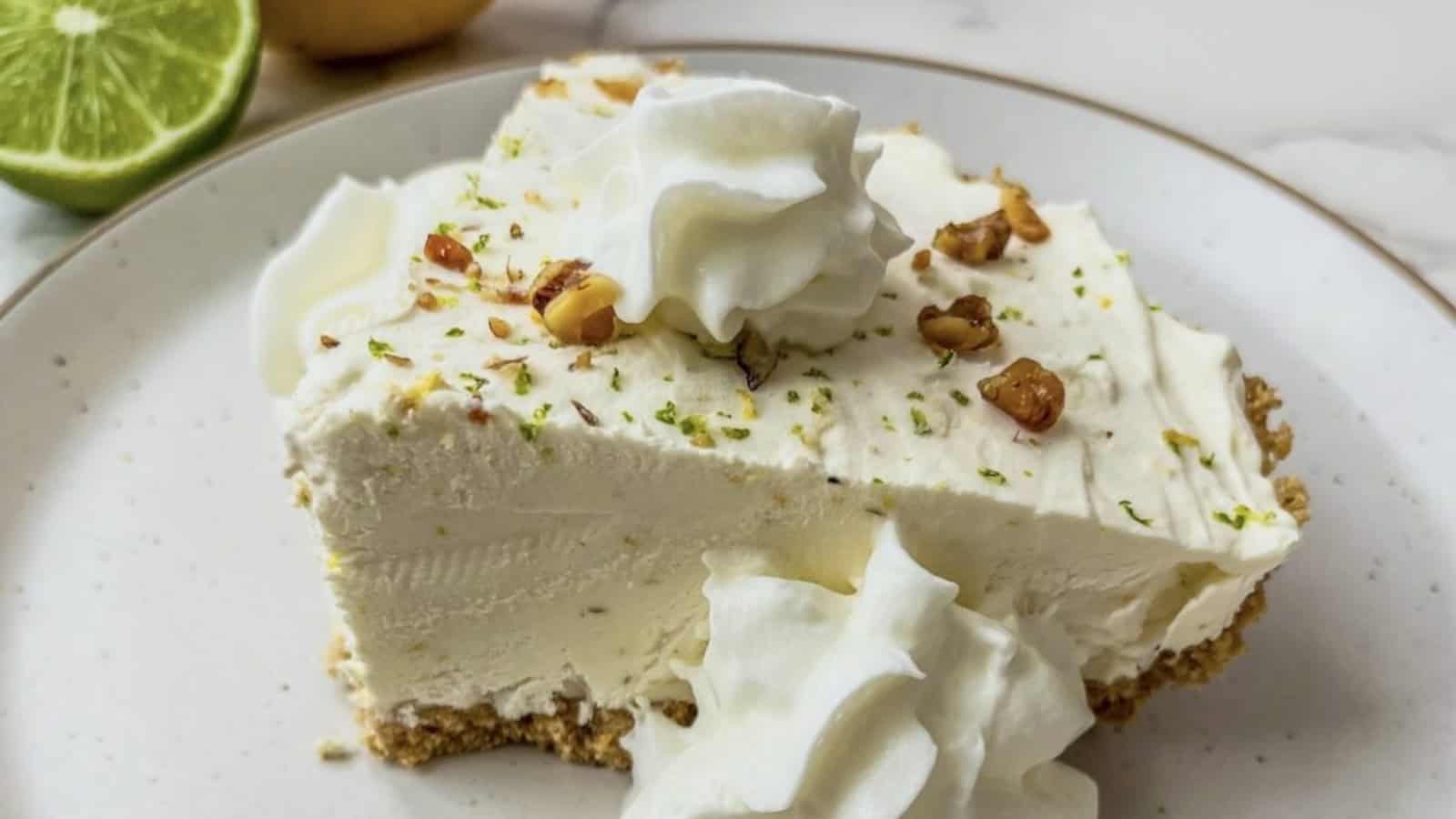 No bake cheesecake flavored with lemon and lime in a creamy filling.