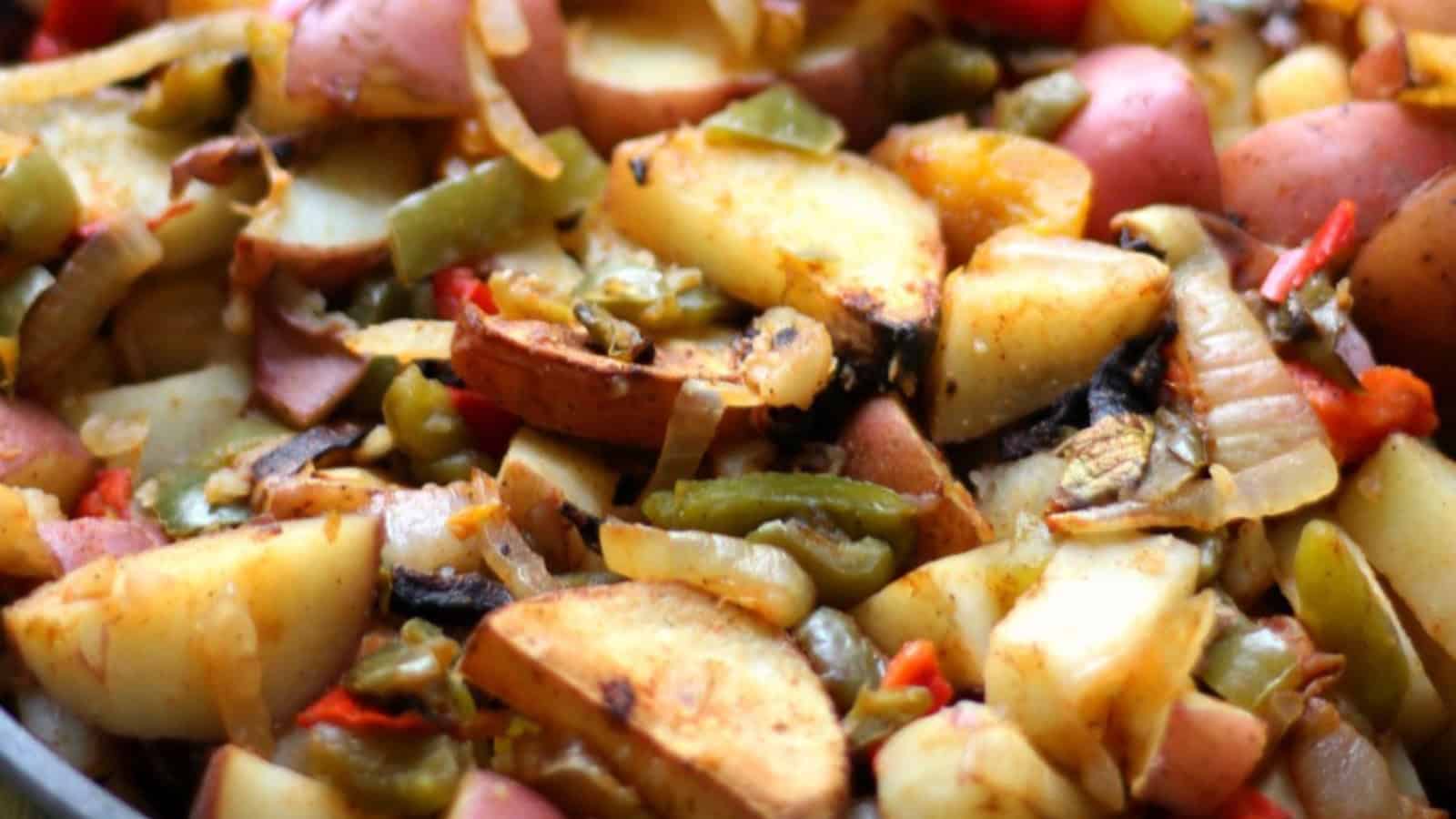 Breakfast potatoes roasted with peppers and onions until golden.