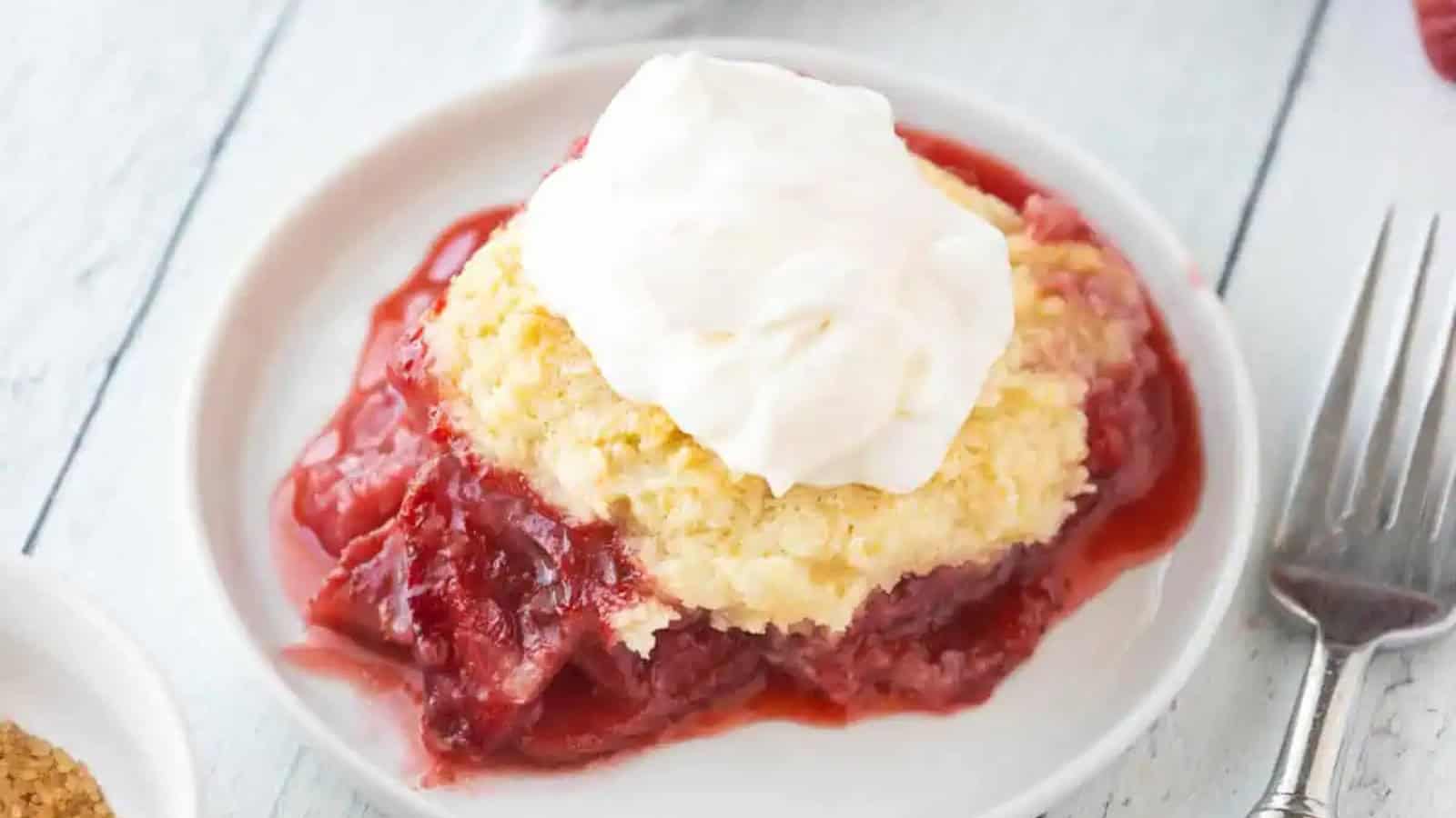 Strawberry cobbler baked with juicy berries and golden topping.
