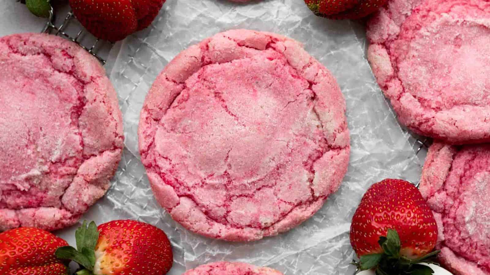 Strawberry sugar cookies baked soft with pink frosting and berry flavor.