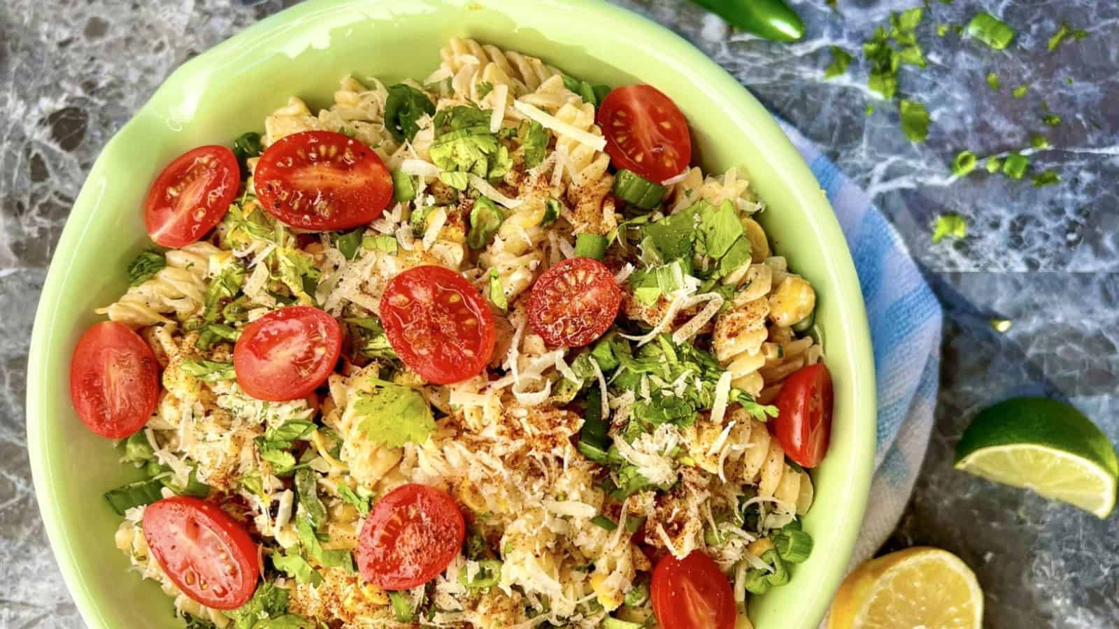 Pasta salad mixed with street corn flavors and creamy dressing.