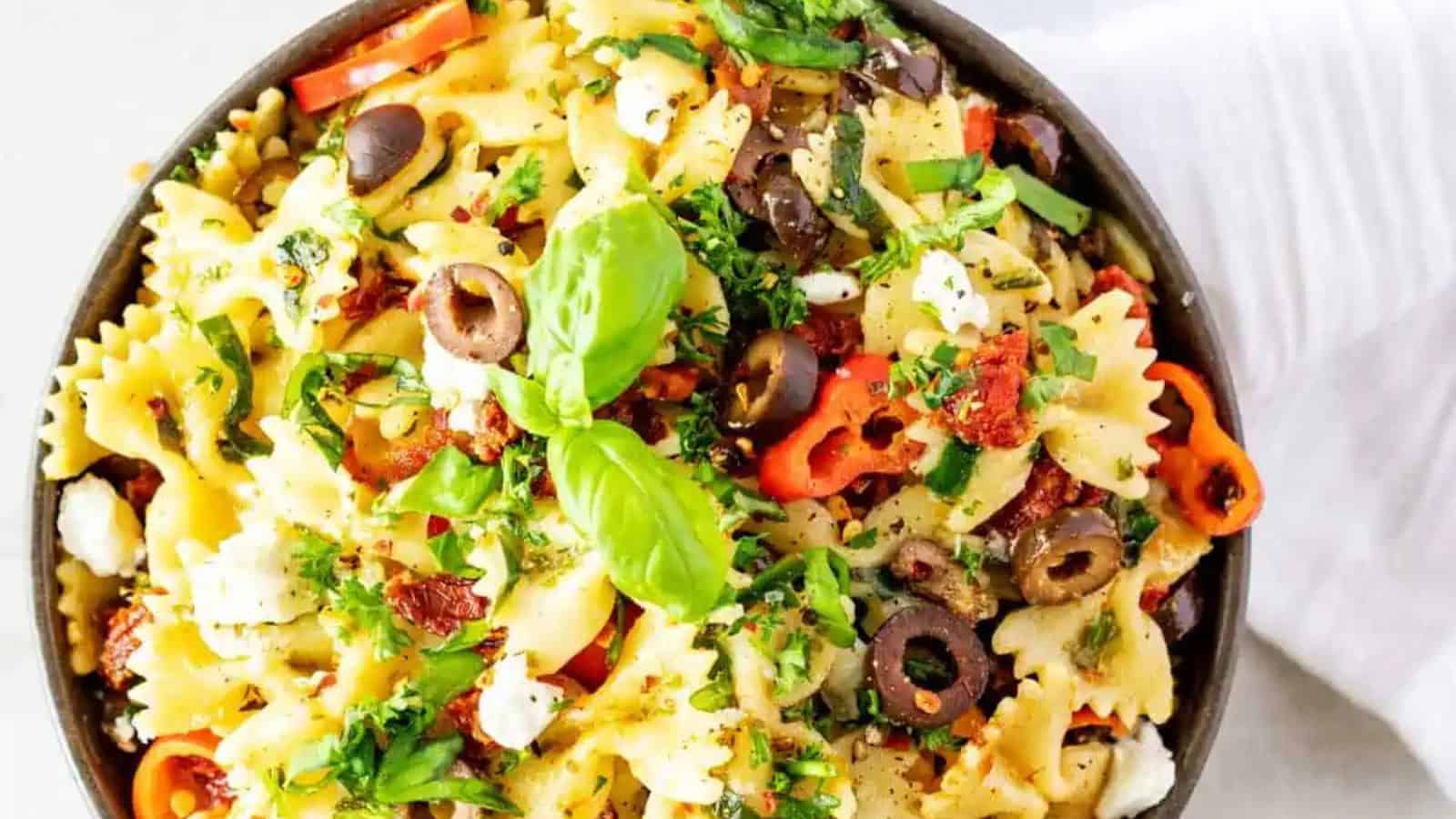 Pasta salad with sun-dried tomatoes and Tuscan-style dressing.