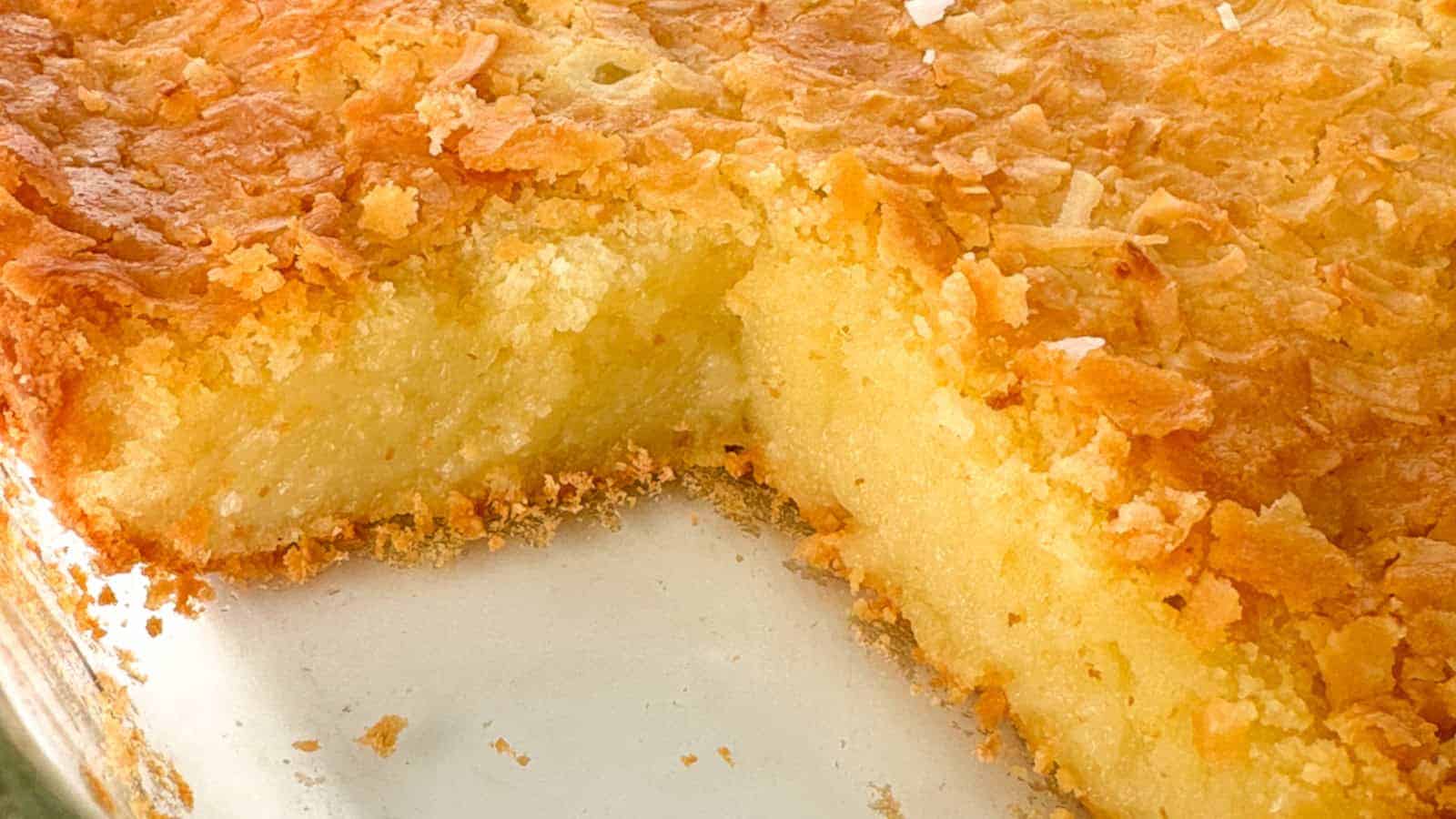 Hawaiian butter mochi in a glass baking dish.