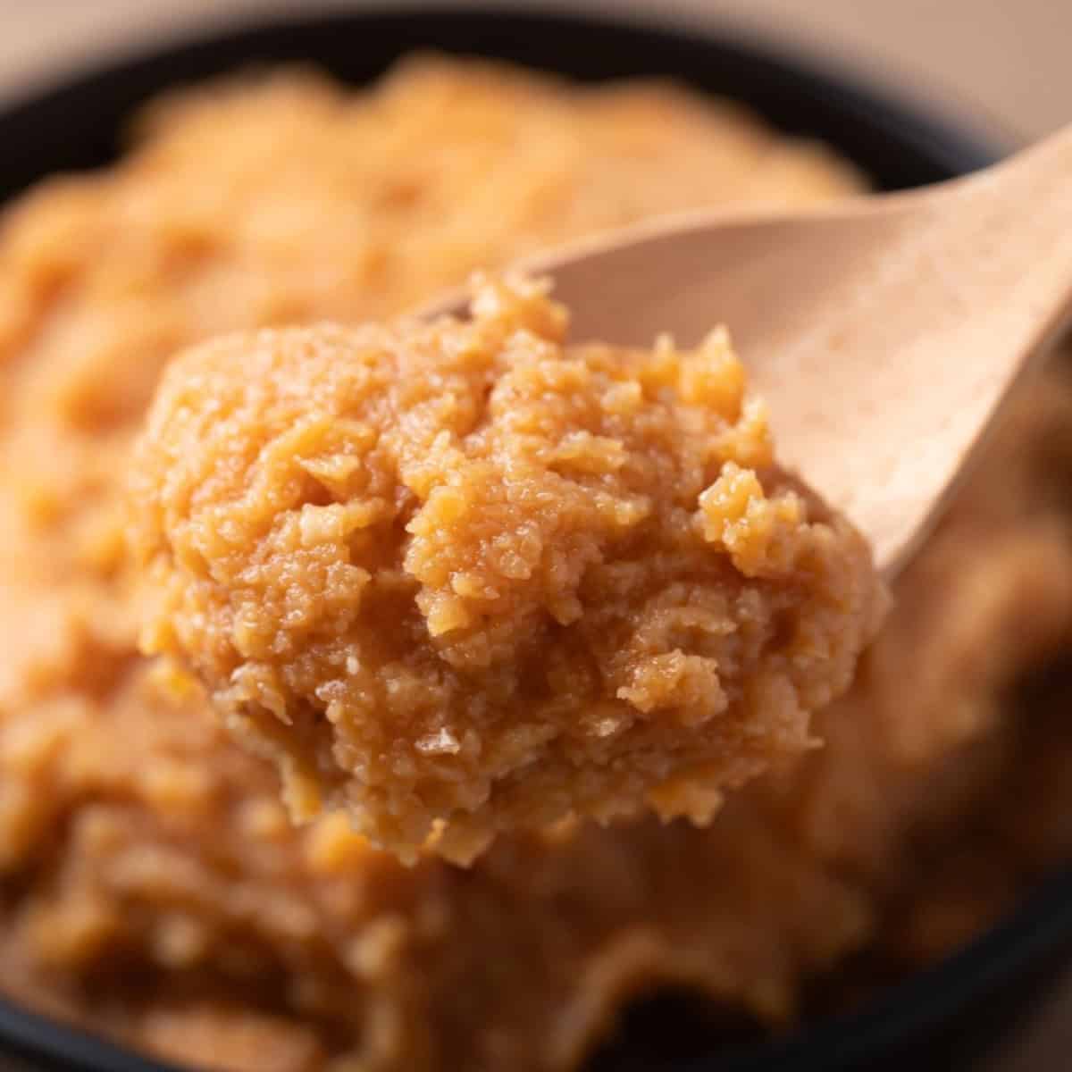 Close-up of a spoonful of miso paste showing its rich texture.