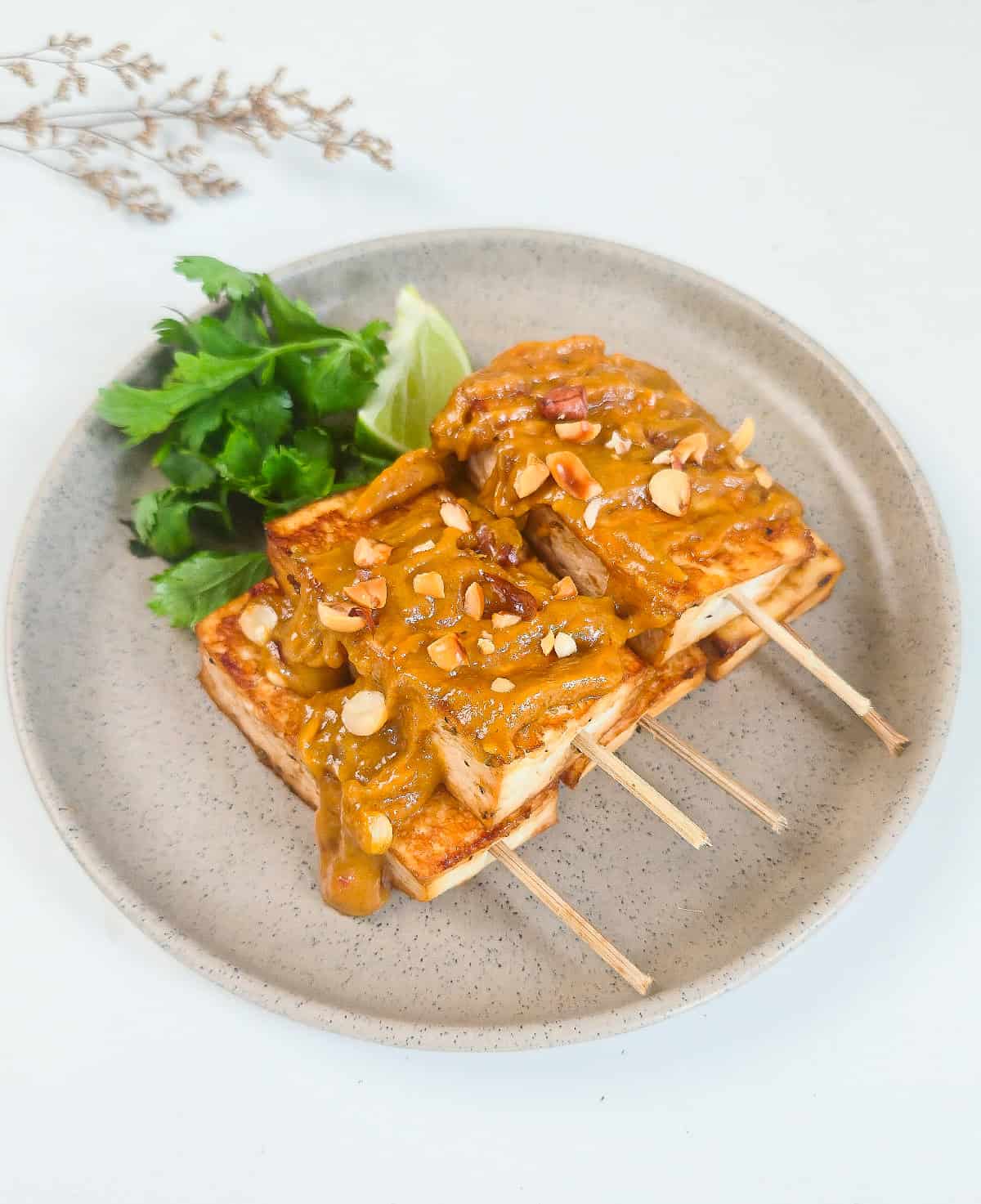 Close-up of peanut satay tofu skewers covered in rich peanut sauce and chopped peanuts with fresh cilantro and lime.