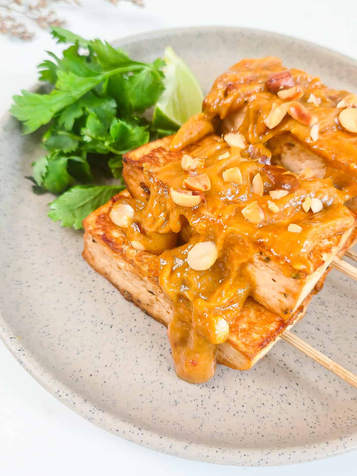 Peanut satay tofu skewers drizzled with creamy peanut sauce and topped with chopped peanuts on a serving plate.
