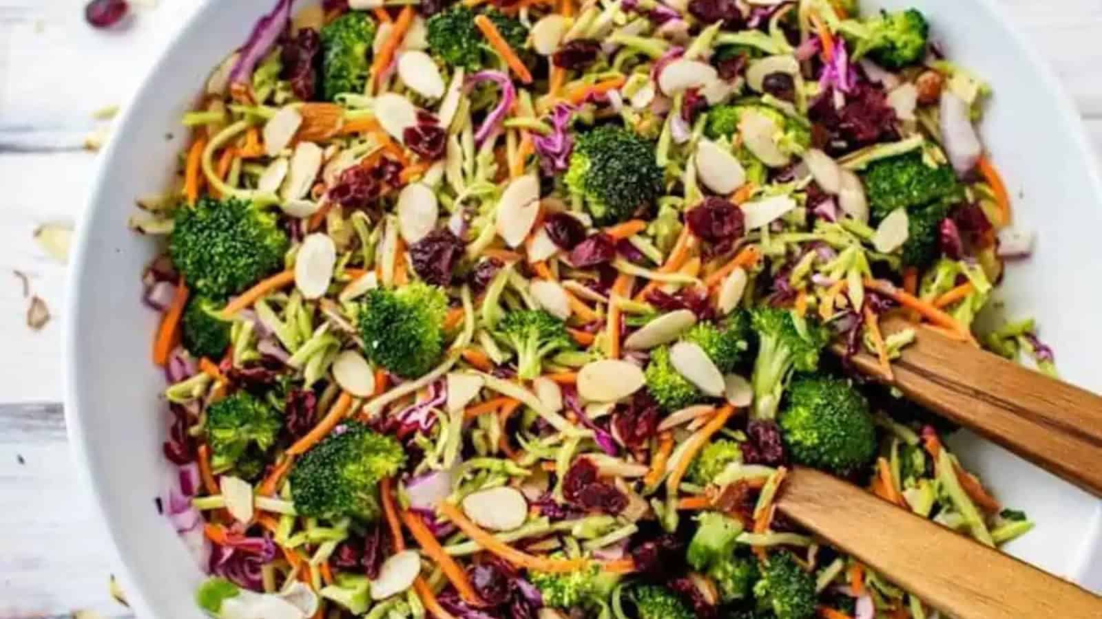 Broccoli slaw salad with crunchy vegetables tossed in a creamy dressing.